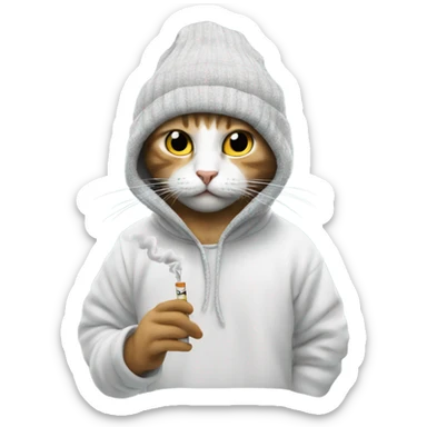 Cat smoking a white cig wearing a beanie with a hoodie on sticker