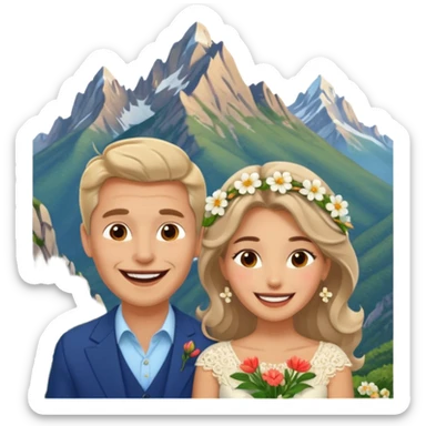 Couple  laughing traveling russian man and elegant  Latina girl delicate flowers and mountains in the background  sticker