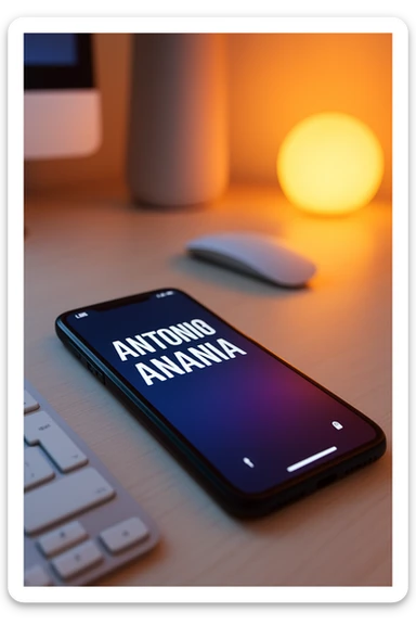 A photo of an iPhone on the desk with the message "Antonio Anania" on its screen, The phone sits atop a desk with a blurred background that suggests work environment. A faint glow from above casts gentle shadows across the surface of each object, creating depth and highlighting their textures sticker