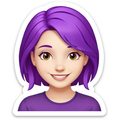 A girl with vibrant purple hair, smiling face sticker