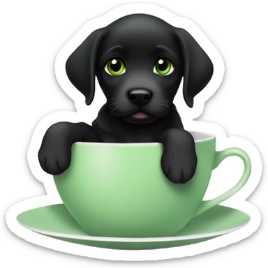a black labrador puppy with green eyes sitting in a tea cup sticker