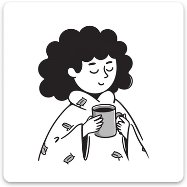 White girl with curly brunette hair snuggled in a blanket sipping coffee with eyes closed, feeling warm and content sticker