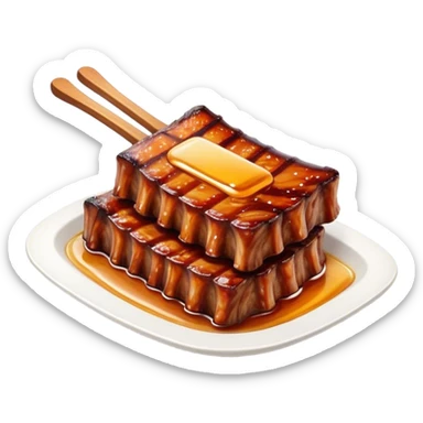 Honey Glazed BBQ Ribs Cinematic Realistic Honey Glazed BBQ Ribs Dish Emoji, depicted as a small portion of tender, honey-glazed ribs with a sticky, smoky finish, rendered with rich textures and warm, dynamic lighting. sticker