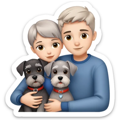 a boy and a shorthair girl hugs a Schnauzer sticker