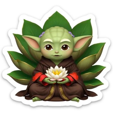 Baby Yoda con su tunica chocolate oscuro sentado dentro de una flor de loto estilo chino sticker