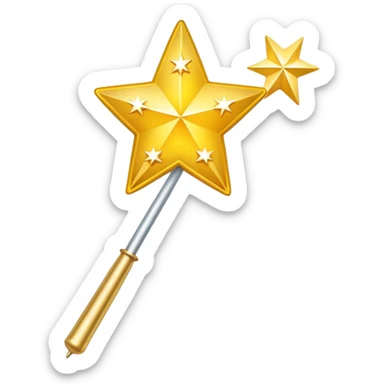Magic wand with gradient yellow stars, golden handle with star tip, magical sparkles flying out, similar to Apple emoji style sticker