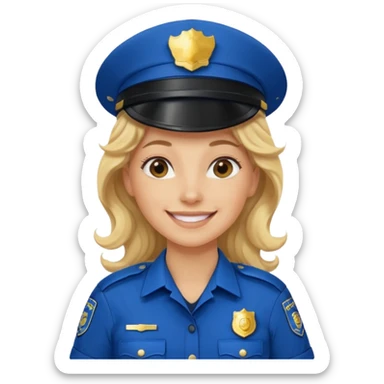 Female POLICE IN blue, long blonde curly hair, happy smile sticker