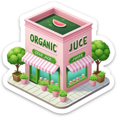 Organic cold-pressed juice shop, light pink and green, isometric exterior shop view  sticker