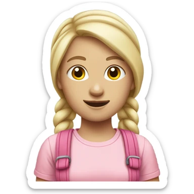 A pale white woman with hair in pony tail wearing pink headband on head, pink t shirt and overalls  sticker