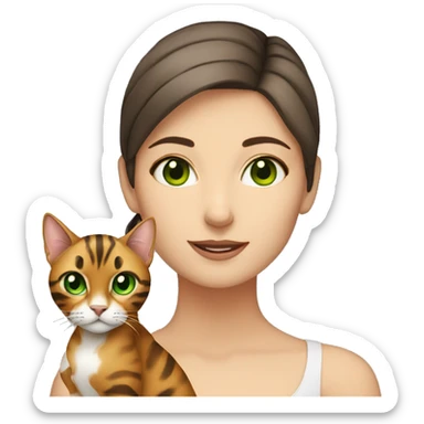 White skin brunette with bengal cat with green eyes sticker