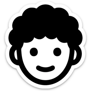 black and white stamp mark of a curly haired boy, realistic, solid filled icon style sticker