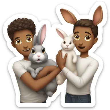 brunette young man holding a ginger bunny and a gray bunny sticker
