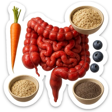 intestino umano anatomico infiammato al centro con carota, bowl di avena, mirtilli, bowl di semi di chia che gli fluttuano intorno , iperrealistico 4k sticker