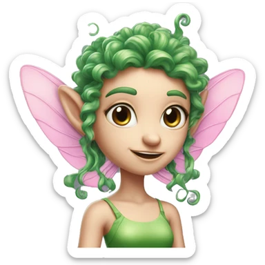 a pink-skinned creature with 4 eyes, elf ears with green curly hair, and fairy pixie wings, with FOUR EYES, SKINIS PINK sticker
