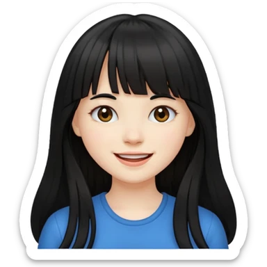 Pale girl with long black hair with bangs, happy sticker
