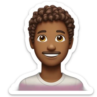 a boy with curly brown hair and a small pink streak. With a small beard. Smiling  sticker