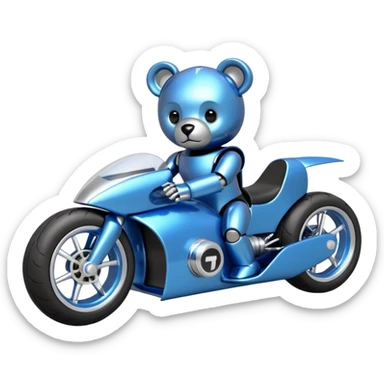  Metallic blue and lightly chrome-accented  kid-sized race car for scary robot teddy bear with custom aero body and rear wing and motorcycle wheels  sticker