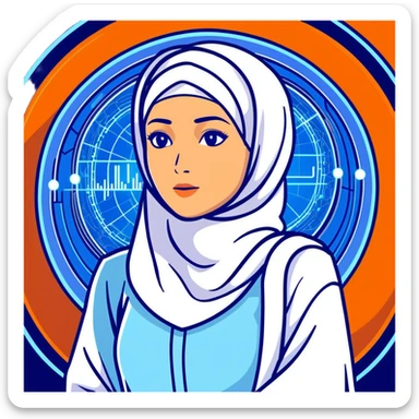 woman with white hijab in blue outfit, gazing forward, encircled by futuristic holographic screens displaying AI visualizations, quantum data patterns, circuit networks, high-tech metaverse elements sticker