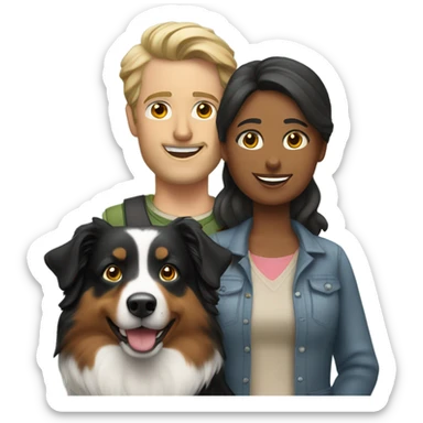 A man and a woman with 2 Australian shepherds sticker
