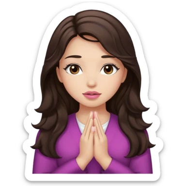 girl with wavy long glamorous dark brown hair, brown eyes, light to medium complexion, long lashes, light pink lipstick, praying sticker