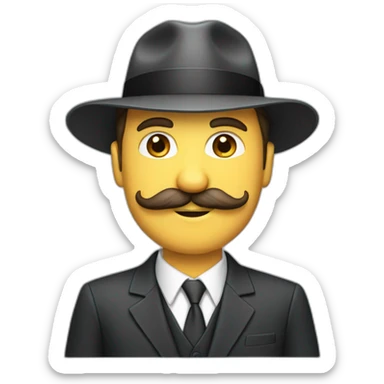 A white man with a suit, a tie, a fedora hat, and a mustache sticker