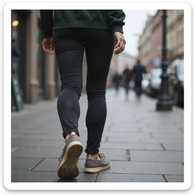 realistic 4K woman walking with slight limp, visible insole in shoe, tired expression, urban realistic environment sticker