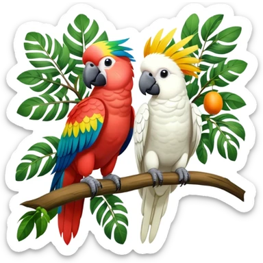 Close-up of colorful parrots Ara and Cockatoo Inca perched on tree branches, surrounded by lush greenery. Bright, vivid feathers contrast with the natural background of trees, leaves, fruits. Soft natural light, enhancing vibrant colors. Transparent background. sticker