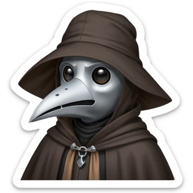 plague doctor
hooded cloak - dark black/charcoal
cute, simplified style
happy expression sticker
