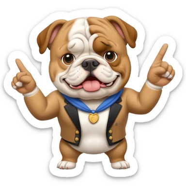 English bulldog tour guide pointing at a landmark sticker