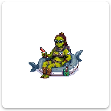 orc female lounging in a shark floatie, oversized sunglasses, whistle on neck cord, pixel art style sticker
