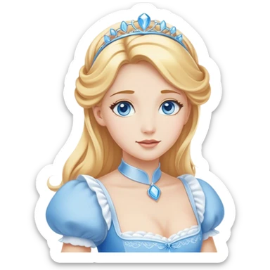 Cinematic Elegant Cinderella Portrait Emoji, Graceful and poised in her classic maid attire, golden locks cascading softly, bright blue eyes full of hope, a gentle glow of kindness and determination, delicate and humble yet undeniably beautiful, evoking the moment before her magical transformation, pure enchantment in her gaze! sticker