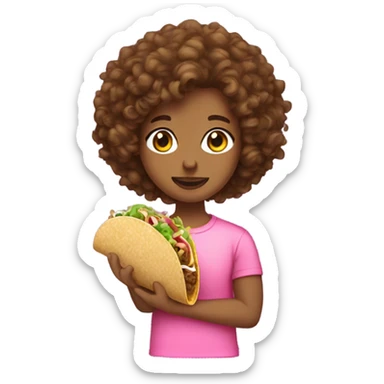 brown curly hair lightskinn wearing a pink shirt holding a taco sticker