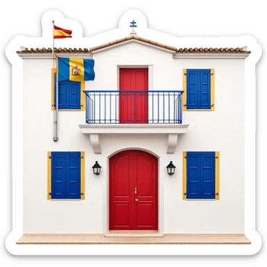 Andalusian-style Spanish house with white walls, blue windows, Spanish flag (red-yellow-red horizontal stripes) hanging from a small flag pole on the facade sticker