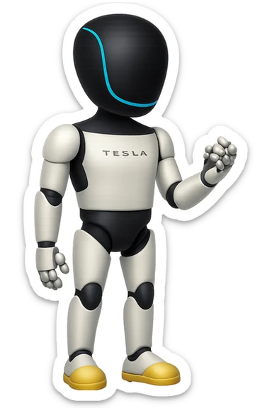 Create a fullbody Tesla robot emoji with the exact head from the reference image in the style of Apple emojis. The robot should be in a neutral pose. The style should replicate the apple emoji style with smooth, colorful, and detailed features. sticker