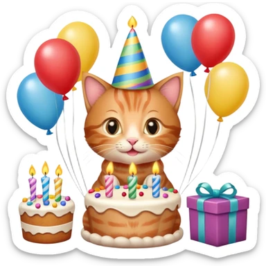 Ginger tabby kitten celebrates birthday, birthday hat, birthday cake, one candle, balloons, happy, gifts sticker