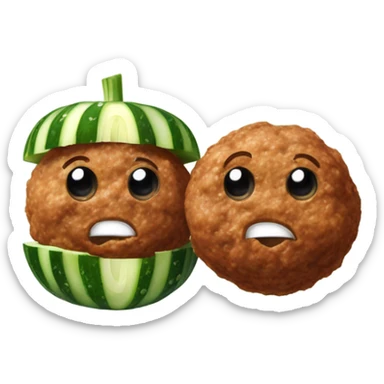 Two meat balls side by side with a cucumber standing on top in the middle of them sticker
