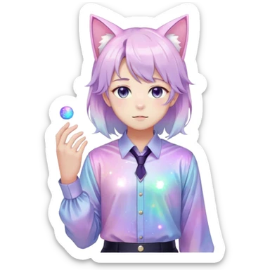 effeminate young colorful pastel nebula femboy man with shiny hair, cat ears, blouse, cute, gorgeous, anime, catboy, full body sticker