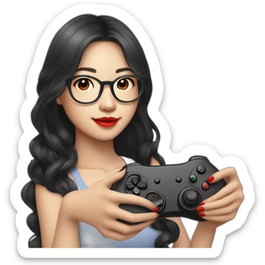 Teen Asian girl with long black wavy hair holding game controller wearing glasses red lips sticker