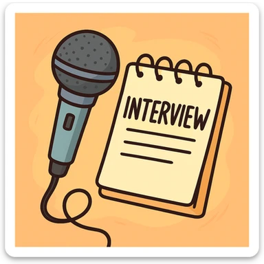 cartoon style illustration of a microphone and notepad symbolizing an interview, bright colors, playful look sticker