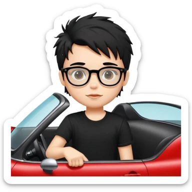 generate a pretty bratz fair skinned boy with black messy hair wearing a black tshirt driving a red car. Glasses on.  sticker