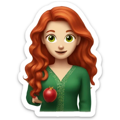Redhead with green eyes, long red hair, holding a pomegranate. sticker