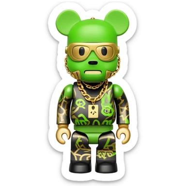 classic bearbrick figure with lime green mask covered in chaotic brand logos, wearing several large gold chains, gold pendant, rapper style accessories, expressive eyebrows sticker