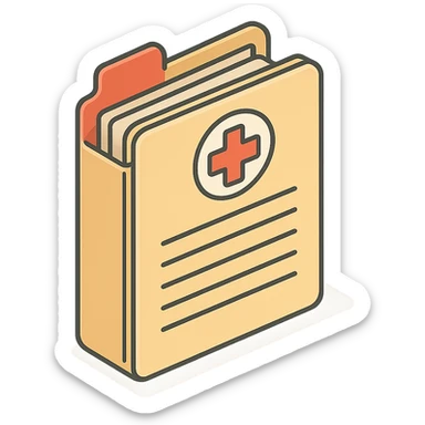 first page of medical history folder, 2D isometric style, clean outlines, highly detailed drawing, shadows and highlights, soft lighting, transparent background sticker