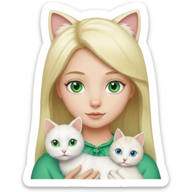 Blonde girl with green eyes holding a white cat with blue and green eyes sticker