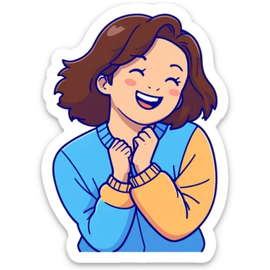 brunette girl with brown hair wearing pastel blue clothes laughing joyfully sticker