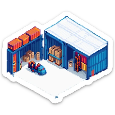 isometric warehouse building with loading dock, shipping containers, and forklift sticker