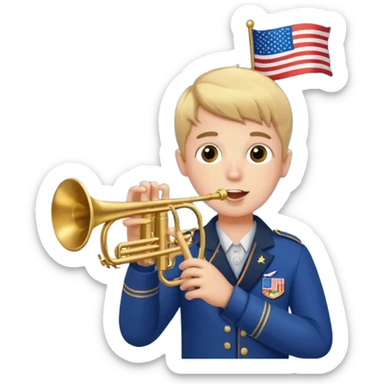 Boy holding trumpet with American flags and fireworks behind him sticker