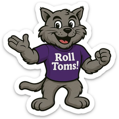Tommie the Tomcat, University of St. Thomas (Minnesota) mascot, wearing a purple t-shirt with the text 'Roll Toms!' on it, in a friendly and spirited pose sticker
