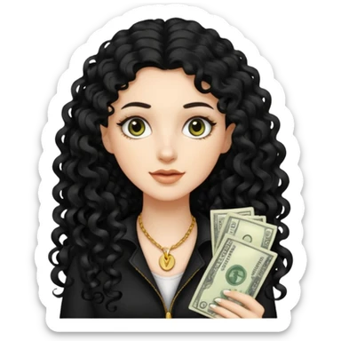 White girl with long black curly hair and money pieces sticker