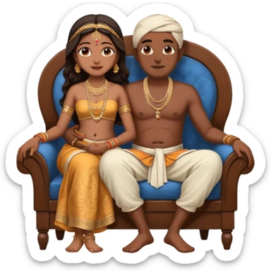 an indian bride sitting on her fathers lap. father is wearing a dhoti, shirtless and sitting on a chair sticker